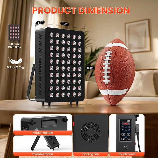 Red Light Therapy Panel, 660Nm Red & 850Nm near Infrared Light Therapy Device with TENS & EMS Functions, 60 Dual Chip Leds, 6 Programs, Timer, Stand, High Power LED Light Therapy Lamp for Face Body