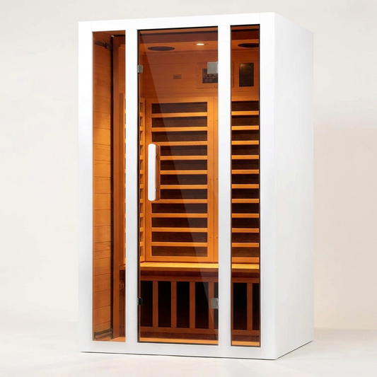2 Person Extendable FAR Infrared Sauna for Home, Hemlock Wood Low EMF 6 Carbon Heaters Indoor Saunas with LED Lights, Bluetooth Speaker, Digital Control Panel, and Seating Bench — Studio Shot