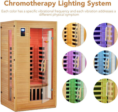 2024 Upgrade 1 to 2 Person Infrared Sauna, Low EMF Infrared Sauna for Home, Indoor Sauna Room, Hemlock Wooden Far Infrared Sauna, Dry Sauna with Bluetooth Speakers, LED Reading and Chromotherapy Lamp