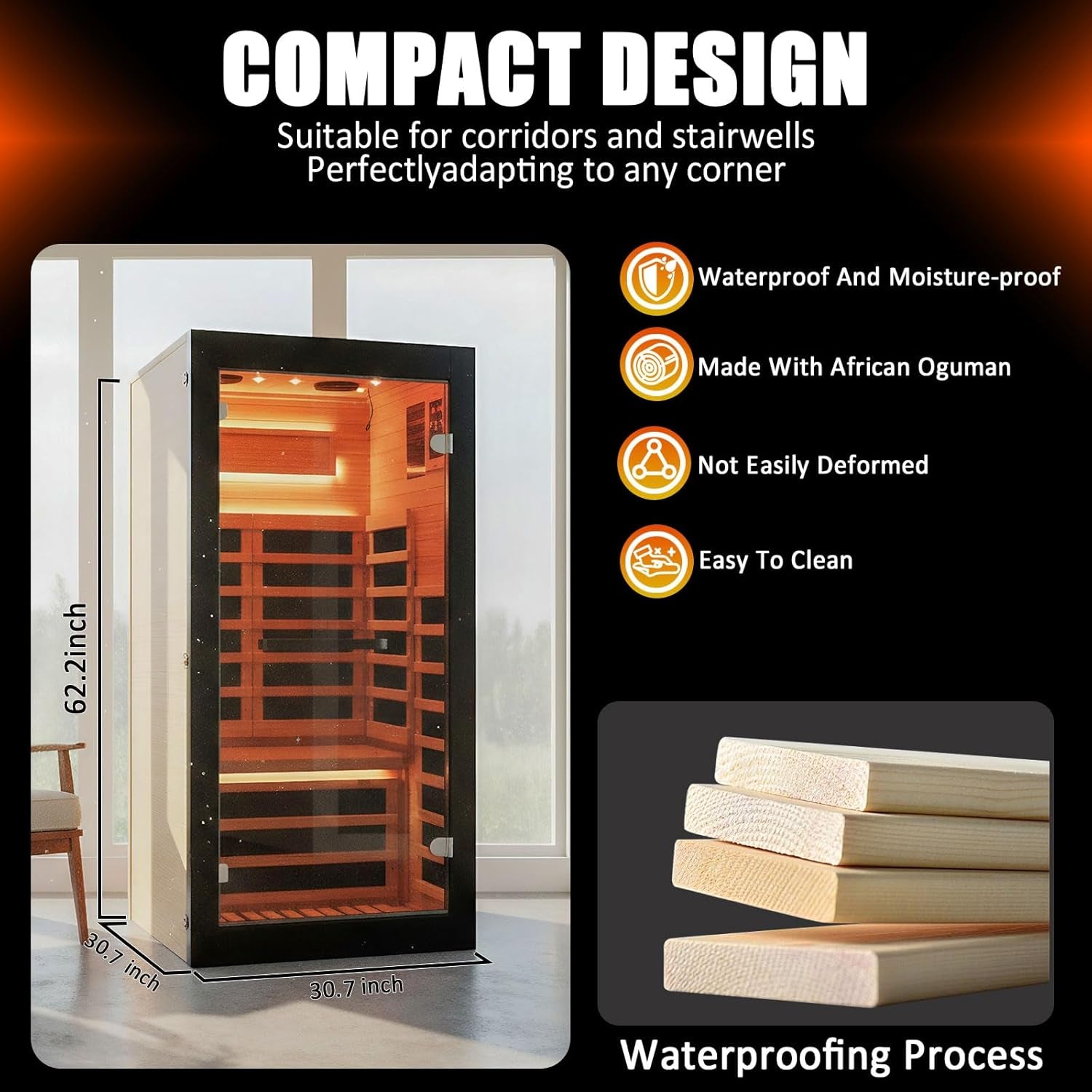 Infrared Sauna 1 Person Far Infrared Sauna Low EMF Indoor Sauna with Starry Light Ceiling Speakers Personal Dry Sauna for Home Gym Spa Fast Heating Easy Assembly 30.7X 30.7X62.2