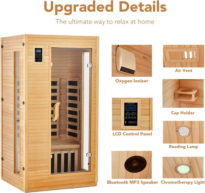 2024 Upgrade 1 to 2 Person Infrared Sauna, Low EMF Infrared Sauna for Home, Indoor Sauna Room, Hemlock Wooden Far Infrared Sauna, Dry Sauna with Bluetooth Speakers, LED Reading and Chromotherapy Lamp
